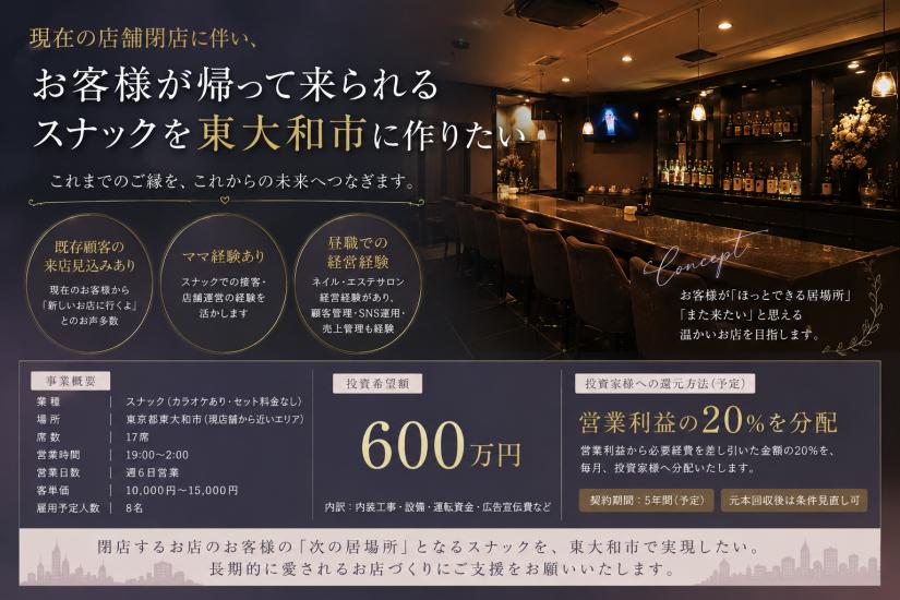既存顧客を活かした、“人が帰って来るスナック”を東大和市で開業したい