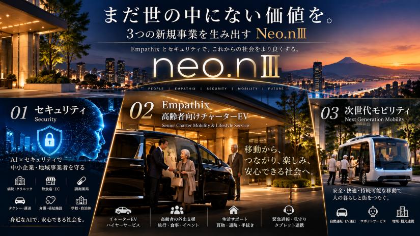 Neo.nⅢ｜高齢者ハイヤー・多様なセキュリティ・AIロボットで、人と社会の新しい未来を創る